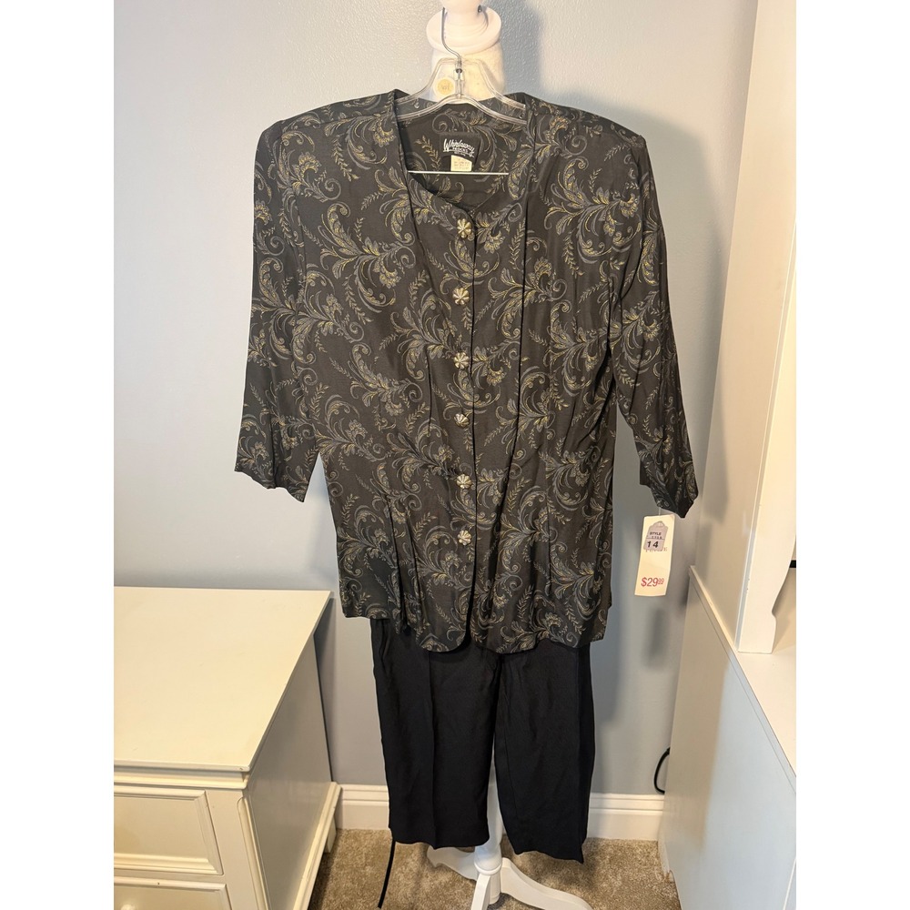 Whirlaway Frocks Vintage 2 Piece Set Paisley Tunic Pants Black Gold 14P NWT USA